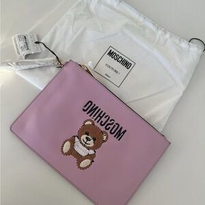 Authentic Moschino Couture Teddy Embroidered Clutch Soft Rose W11”x L8”